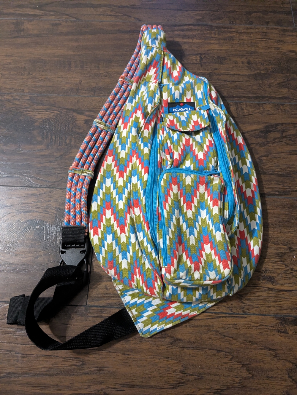 Kavu Multicolor Geometric Rope Sling Bag with Blue Trim